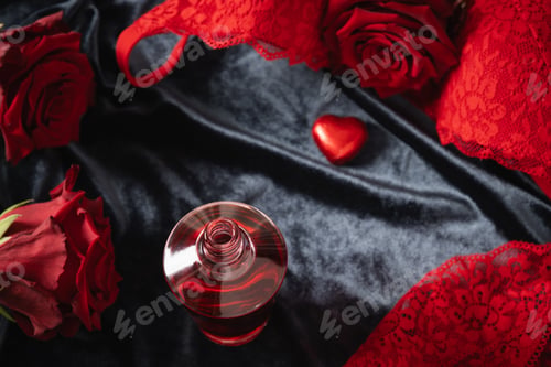 Preview: Romantic dating, lace women's red underwear, massage oil and roses.