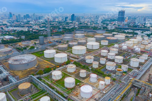 Preview: Petrochemical oil refinery in Bangkok City, Thailand. Oil and gas tanks in industry factory.