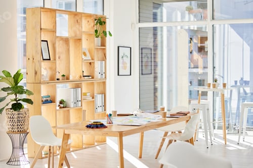 Preview: Interior office with light, wood furniture and workplace space for business and work. Bright, moder