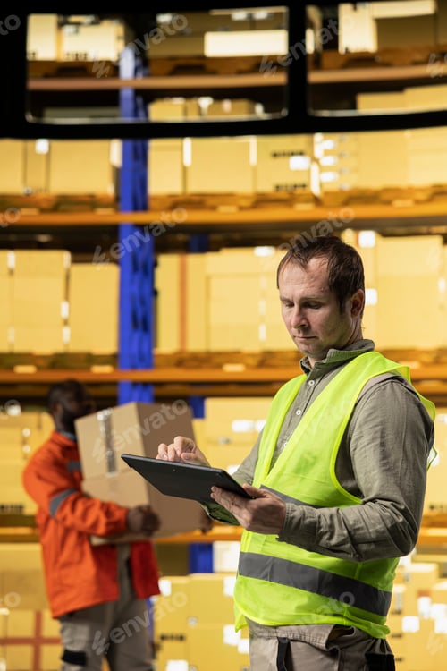 Preview: Industrial staff overseeing cargo goods on a tablet in warehouse facility
