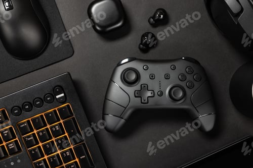 Preview: Various modern black devices on table with coffee cup