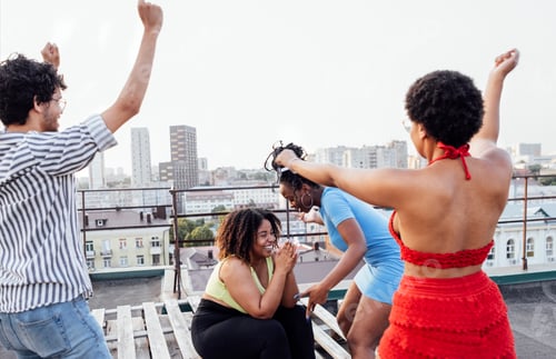 Preview: Three charming African American girls and mixed race guy are dancing on roof