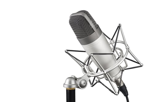 Preview: Silver studio condenser microphone in shock mount clip isolated on white background
