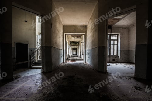 Preview: Indoors shot of an abandoned building with dirty walls and a staircase on the left