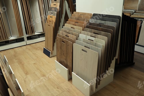 Preview: Many different samples of wooden flooring in store