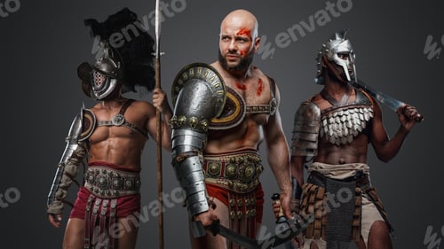 Preview: Greek warriors from past posing against grey background