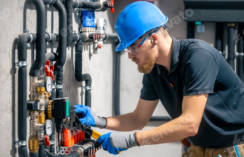 Preview: A man installs a heating system in a house and checks the pipes with a wrench.