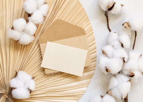 Preview: Blank card and envelope on dried palm leaf with cotton flowers top view, wedding mockup