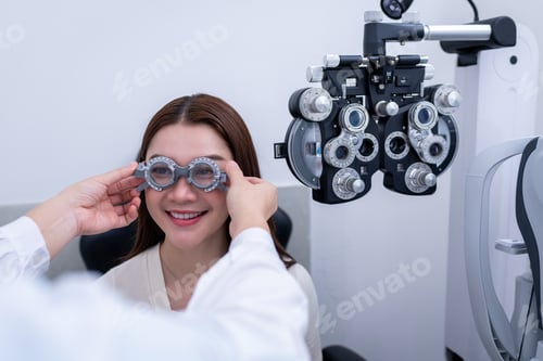 Preview: Woman optical shop customer doing eyesight measurement with optical phoropter check eye distance for