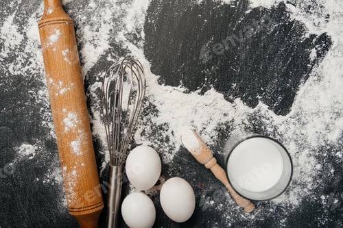 Preview: Bakery products -flour, eggs, milk. Selective focus, copy space.