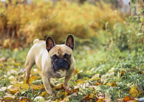 Preview: Beige funny french bulldog, home dog walks in autumn garden with owner among yellow, orange leave, o