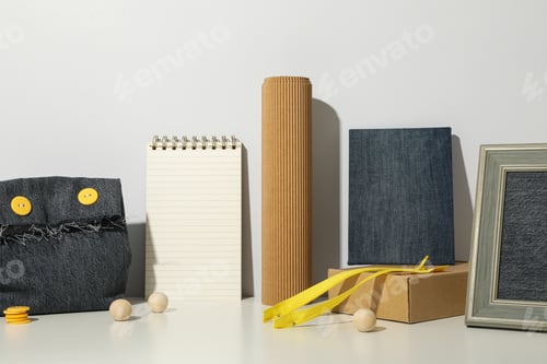 Preview: Denim bag, photo frame, notepad and box on white background
