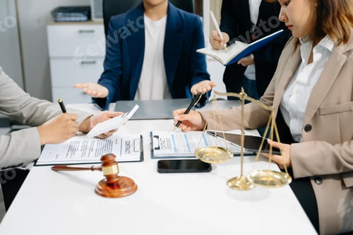 Preview: business people and lawyers discussing contract papers sitting at the table.