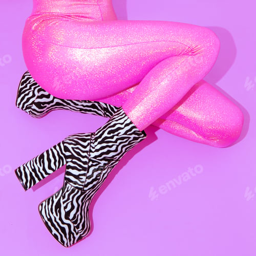 Preview: Fashion Party Girl in pink glitter leggins and zebra boots. Club Disco style 90s. Minimal concept