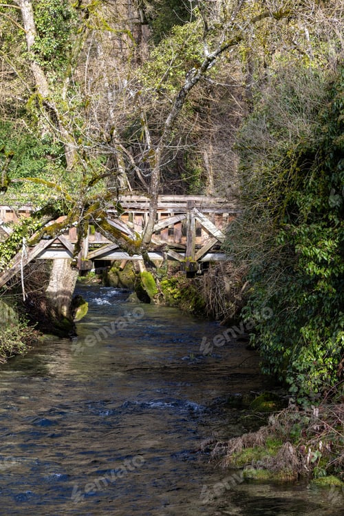 Preview: Blautopfsee in Blaubeuren with tributary and old wooden bridge