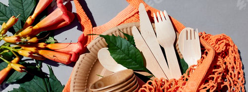 Preview: Banner of Flat lay of eco craft paper and wooden tableware, Zero waste