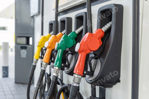 Preview: Fuel Pump, Gas Station, Gasoline.Colorful Petrol pump filling nozzles on white background