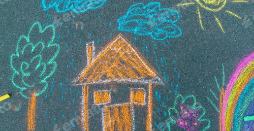 Preview: draws a house and a rainbow on the asphalt with chalk. Selective focus.
