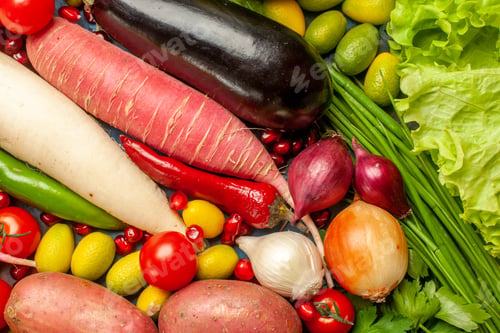 Preview: top view vegetable composition with greens ripe salad meal food diet health