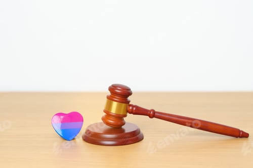 Preview: gavel justice hammer with purple, pink and blue heart shape for Lesbian, Bisexual, Queer, Intersex