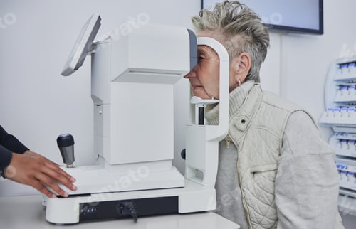 Preview: Eye exam, optometry and senior woman with test for medical, healthcare and vision wellness. Eyes co