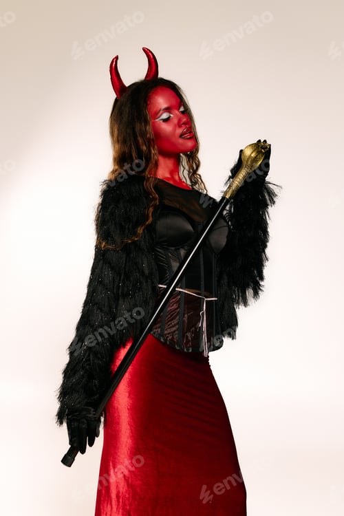 Preview: Enchanting woman in a striking devil costume poses dramatically for Halloween celebration
