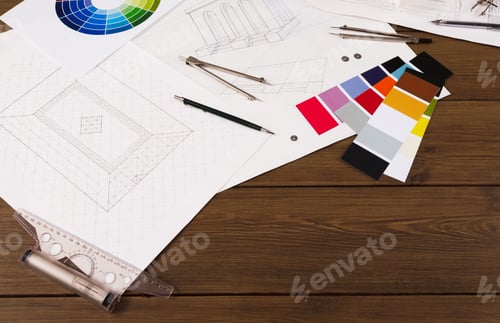 Preview: Architectural project, engineering tools on table.