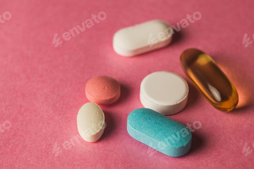Preview: Closeup of pills arranged on a pink surface
