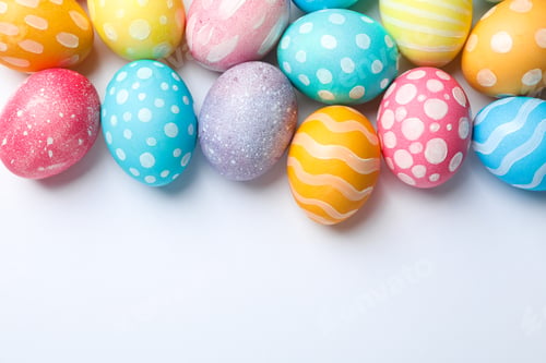 Preview: Decorative Easter eggs on white background, space for text. Top view