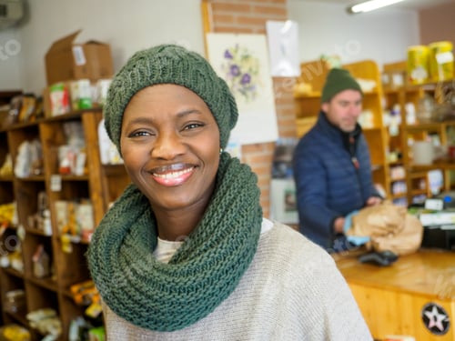 Preview: african black woman buy organic food in small groceries retail shop