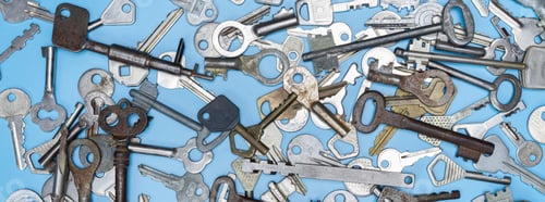 Preview: Keys set on blue background. Door lock keys and safes for property security and house protection