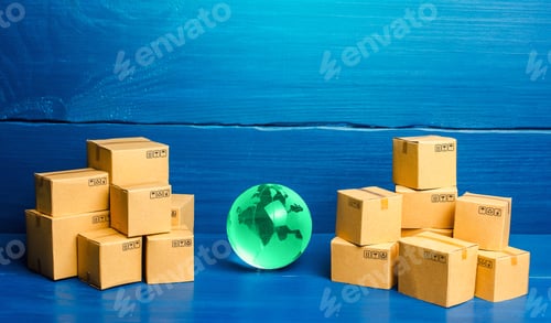 Preview: Planet Earth globe and cardboard boxes.