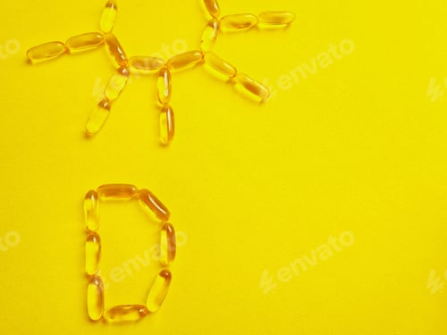Preview: Sun created with dietary supplement capsules isolated on yellow background