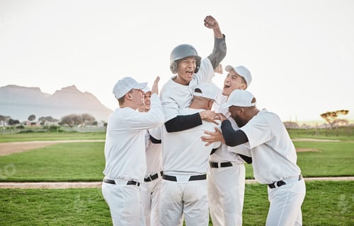 Preview: Baseball men, team celebrate and winning competition, game and sports goals, success and victory. E