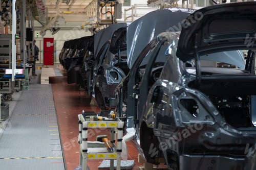 Preview: Add details to car body. Robotic equipment makes Assembly of car. Modern car Assembly at factory