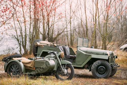 Preview: Old Tricar, Three-Wheeled Gray Motorcycle With A Sidecar Of German Forces and Willys Mb jeep, U.s