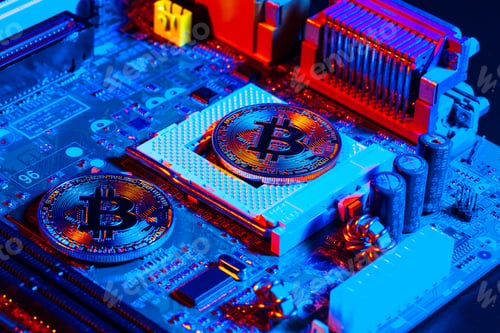 Preview: golden bitcoin and computer chip in background