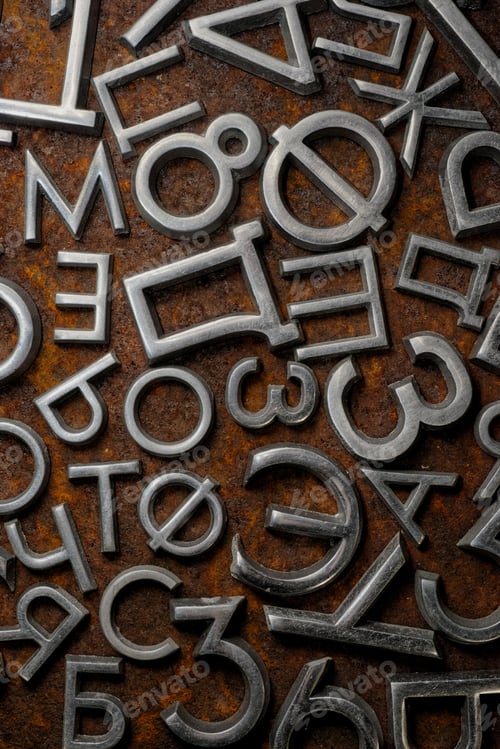 Preview: Assorted metal cyrillic letters on a rusty background