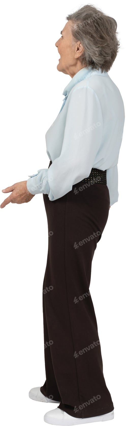 Preview: a woman in a blue shirt and brown pants holding her hand out