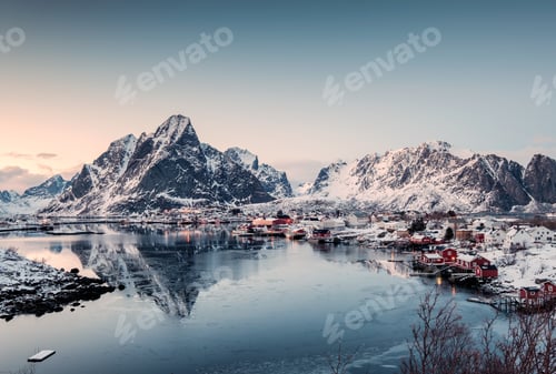 Preview: Viewpoint of Fishing village in valley on winter