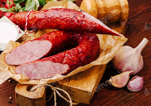 Preview: Savory smoked sausage on wooden board with garlic and herbs