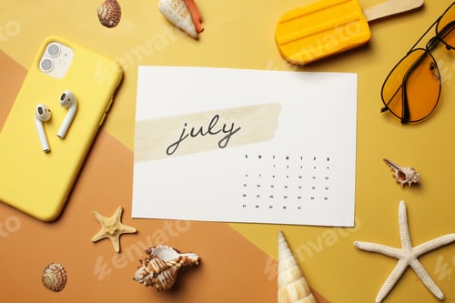 Preview: July Calendar with Summer Elements on Yellow Background