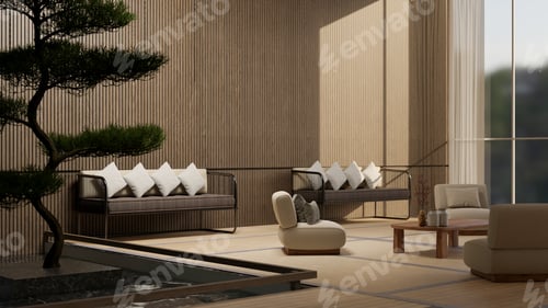 Preview: Luxury contemporary zen Japanese hotel lounge with couch, large bonsai tree, wood plank wall