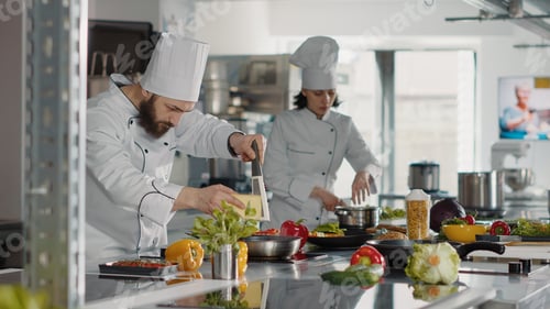 Preview: Authentic cook grating parmesan cheese on gourmet dish