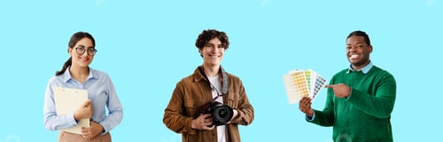 Preview: Professionals from various fields posing together over blue background