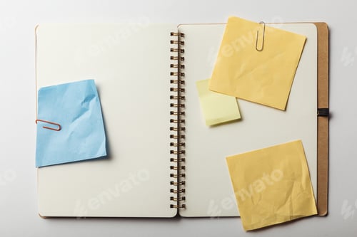 Preview: top view of opened notebook with blue and yellow sticky notes with paper clips on white background