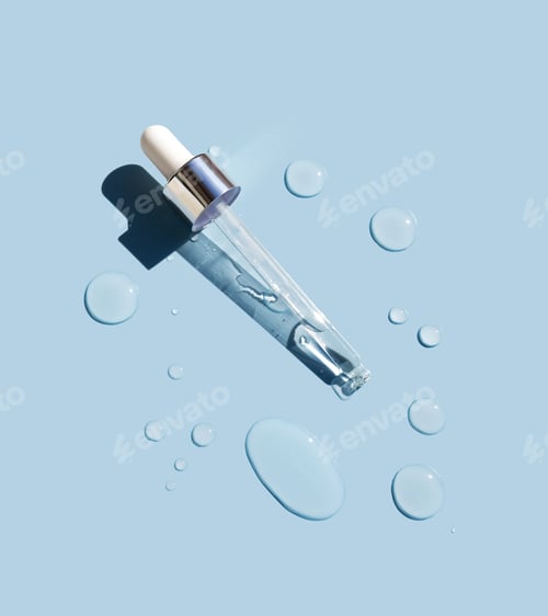 Preview: pipette serum round drops of transparent gel serum on blue background