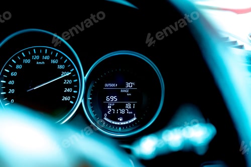 Preview: Closeup car fuel gauge dashboard panel. Gasoline indicator meter and speedometer. Fuel gauge show