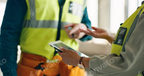Preview: Engineer, digital tablet and construction worker team collaboration and support at a site, check on