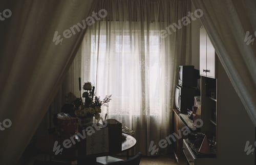 Preview: Shot of a cabinet, TVs, curtain near a table with a vase of flowers on it in a room
